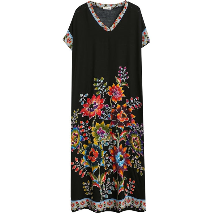 Summer V-Neck Floral Print Cotton Loose Dress for Ladies