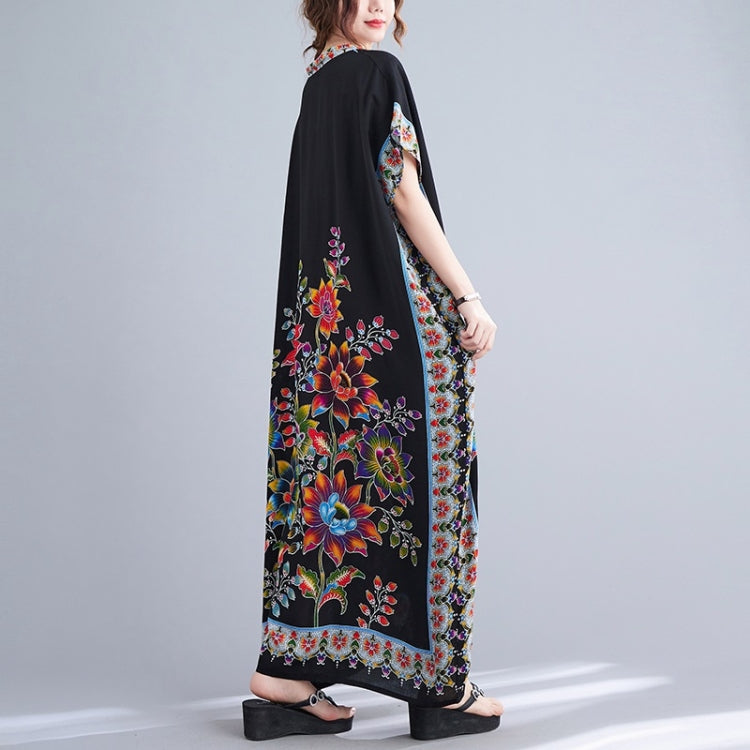 Summer V-Neck Floral Print Cotton Loose Dress for Ladies