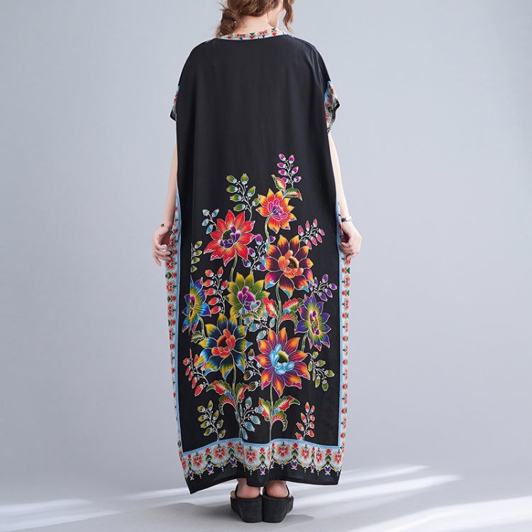 Summer V-Neck Floral Print Cotton Loose Dress for Ladies