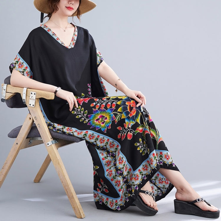 Summer V-Neck Floral Print Cotton Loose Dress for Ladies