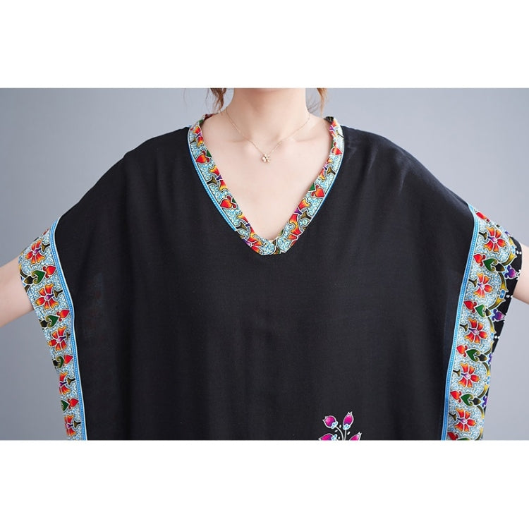 Summer V-Neck Floral Print Cotton Loose Dress for Ladies