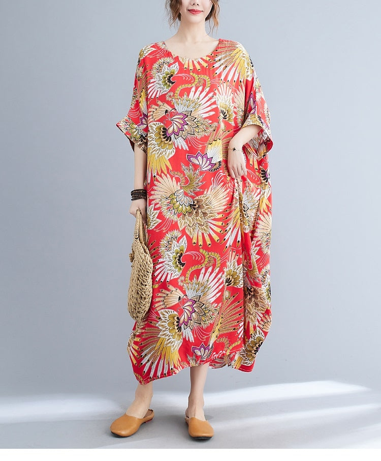 Summer Round Neck Print Loose Dress for Ladies