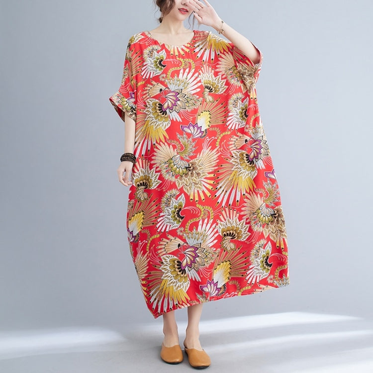 Summer Round Neck Print Loose Dress for Ladies