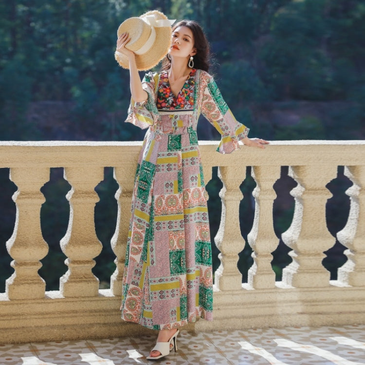 V-Neck Splicing Bohemian Lace-Up Long Dress For Ladies