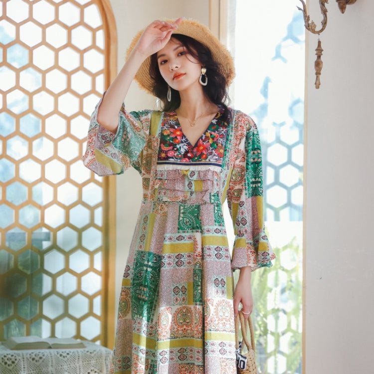 V-Neck Splicing Bohemian Lace-Up Long Dress For Ladies
