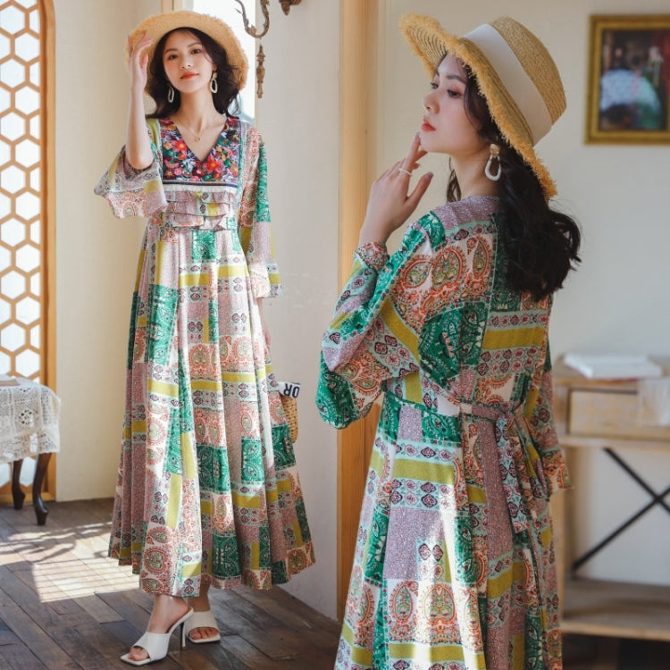 V-Neck Splicing Bohemian Lace-Up Long Dress For Ladies