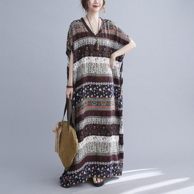 Summer V-Neck Horizontal Stripe Print Long Dress for Ladies
