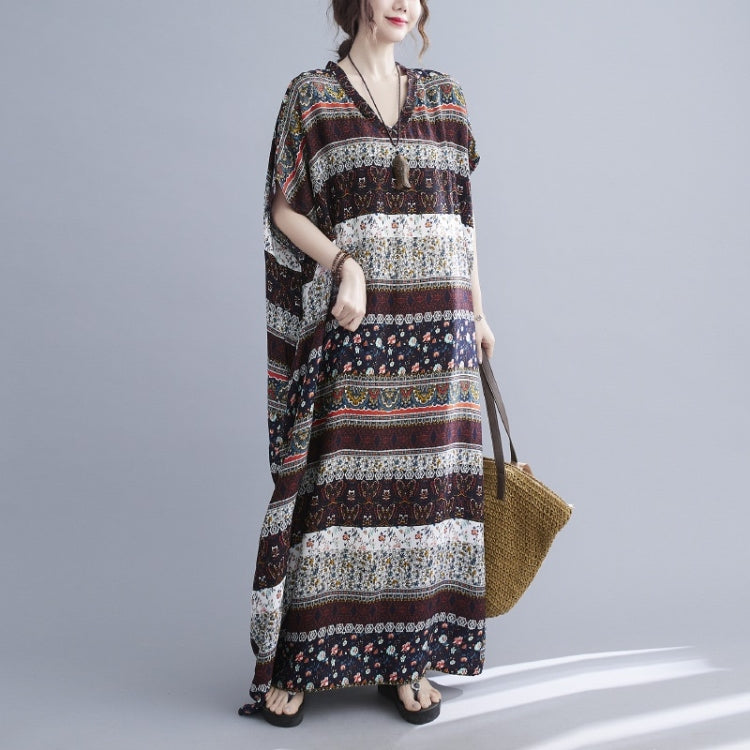 Summer V-Neck Horizontal Stripe Print Long Dress for Ladies