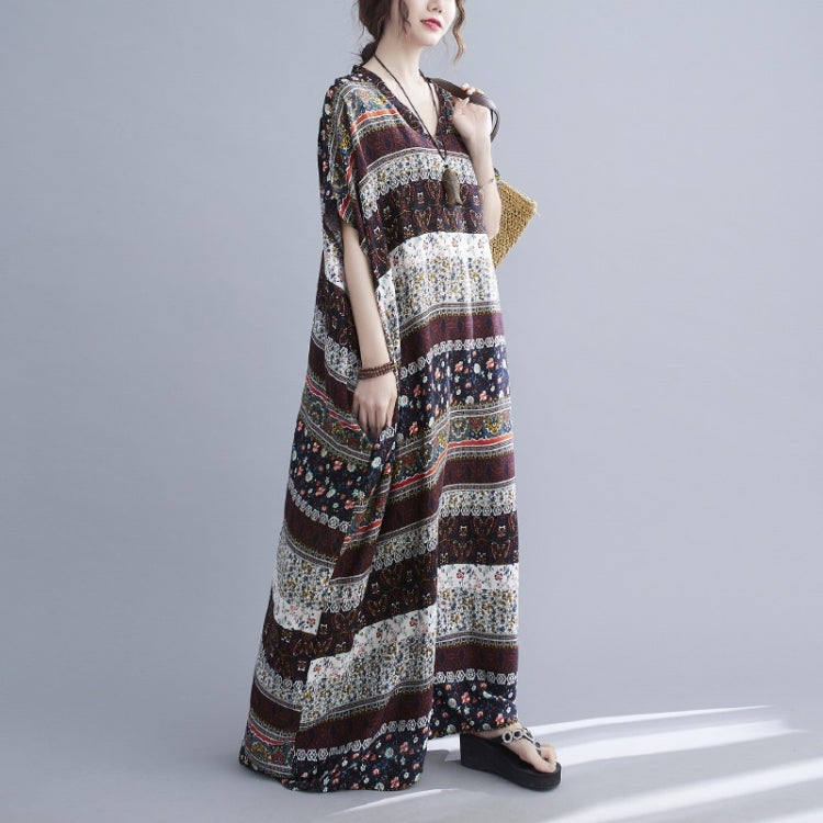Summer V-Neck Horizontal Stripe Print Long Dress for Ladies
