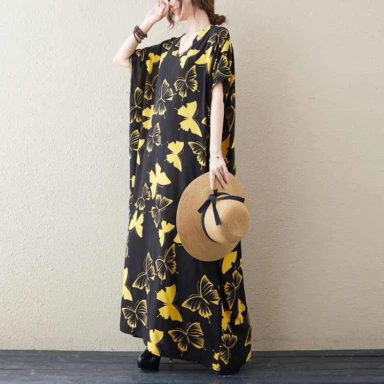 Summer V-Neck Butterfly Print Long Dress for Ladies