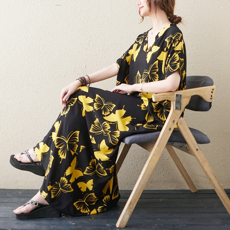 Summer V-Neck Butterfly Print Long Dress for Ladies