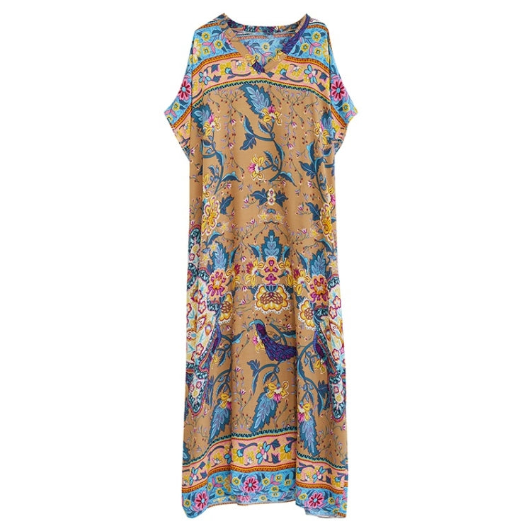 Summer V-Neck Vintage Print Long Dress For Ladies