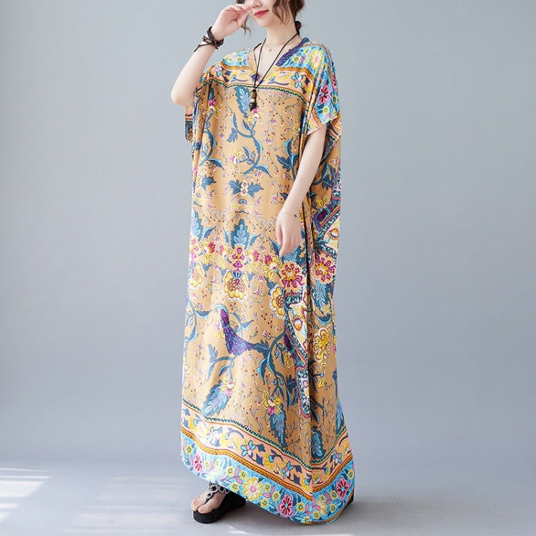 Summer V-Neck Vintage Print Long Dress For Ladies