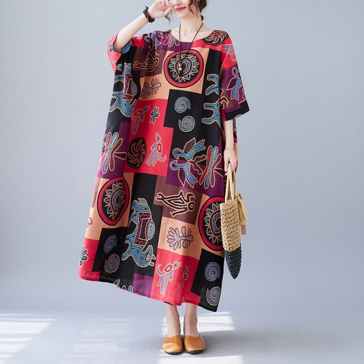 Summer Round Neck Cotton Linen Square Print Long Dress For Ladies