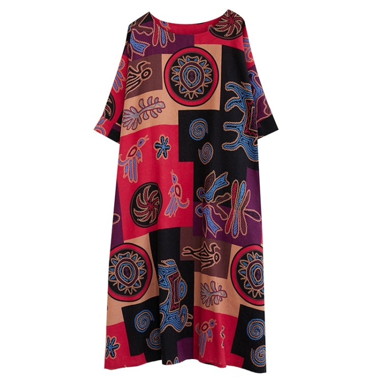 Summer Round Neck Cotton Linen Square Print Long Dress For Ladies