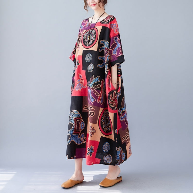 Summer Round Neck Cotton Linen Square Print Long Dress For Ladies