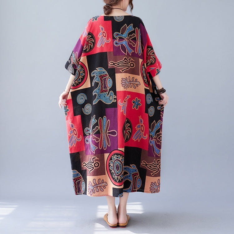 Summer Round Neck Cotton Linen Square Print Long Dress For Ladies