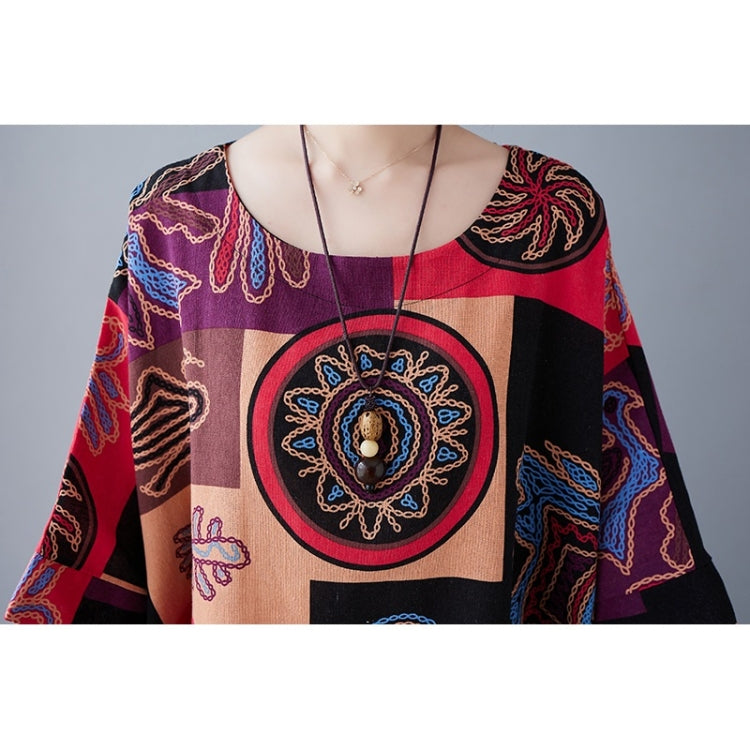 Summer Round Neck Cotton Linen Square Print Long Dress For Ladies