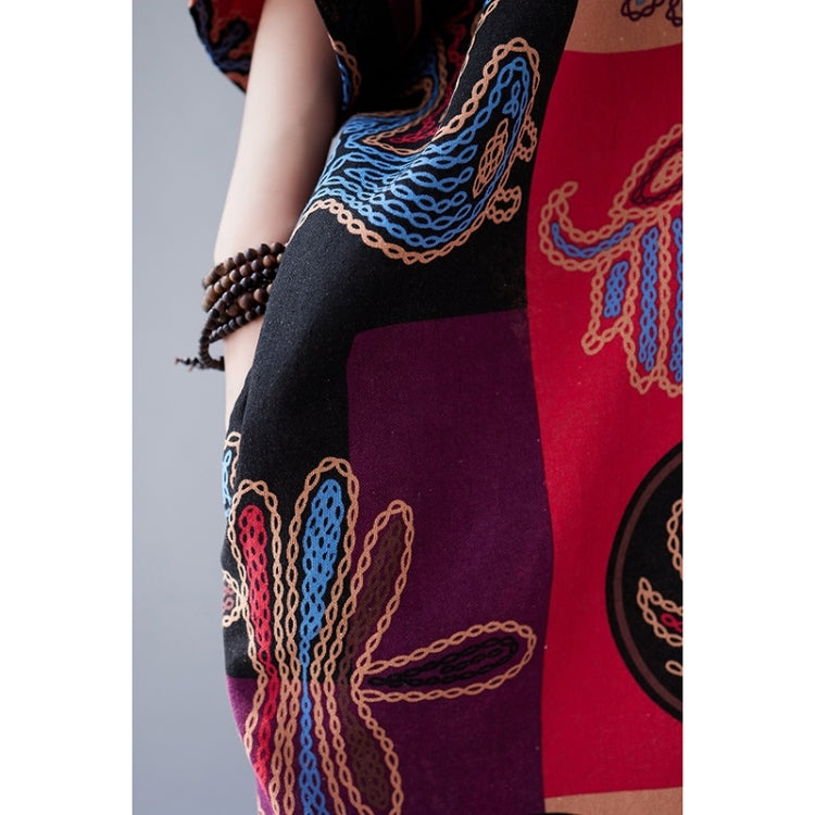 Summer Round Neck Cotton Linen Square Print Long Dress For Ladies