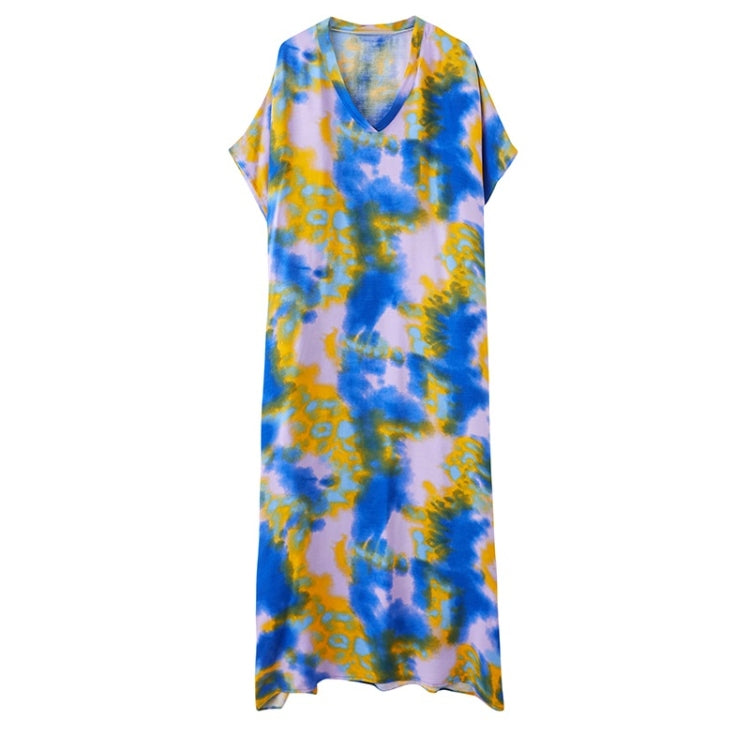 Summer V-Neck Tie-Dye Cotton Silk Long Dress for Ladies