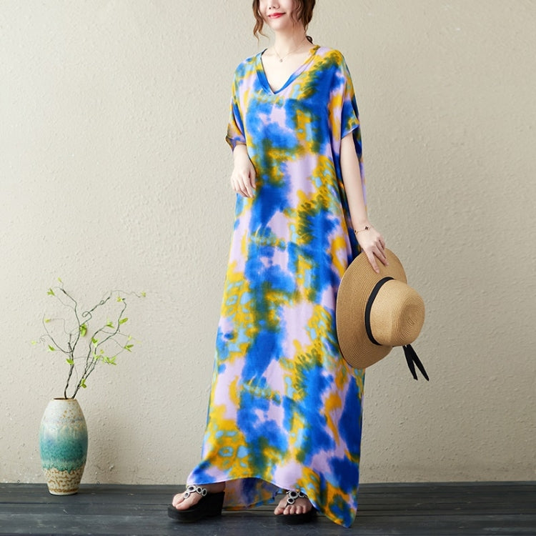 Summer V-Neck Tie-Dye Cotton Silk Long Dress for Ladies