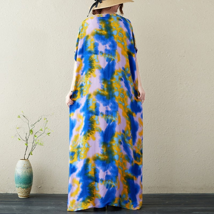 Summer V-Neck Tie-Dye Cotton Silk Long Dress for Ladies