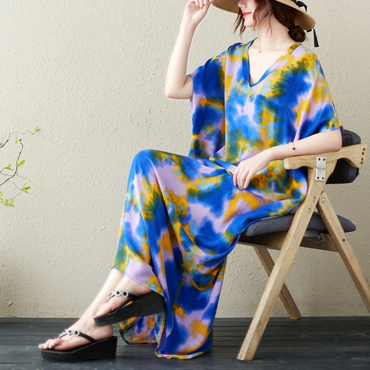 Summer V-Neck Tie-Dye Cotton Silk Long Dress for Ladies