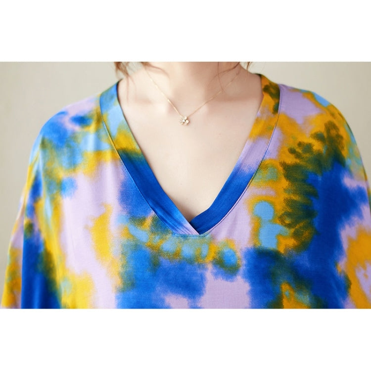 Summer V-Neck Tie-Dye Cotton Silk Long Dress for Ladies