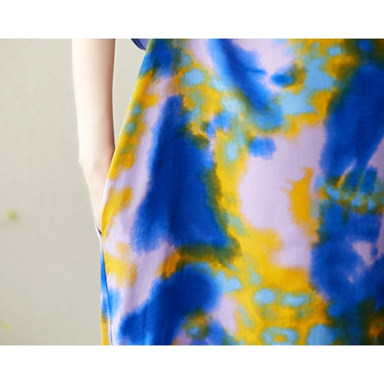 Summer V-Neck Tie-Dye Cotton Silk Long Dress for Ladies