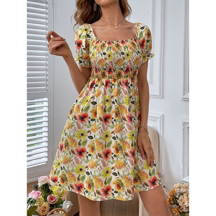 Square Neck Puff Sleeve Printed Short Sleeve Dress for Ladies