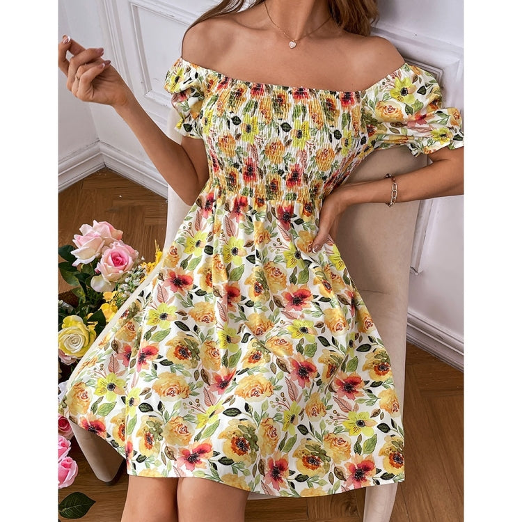 Square Neck Puff Sleeve Printed Short Sleeve Dress for Ladies