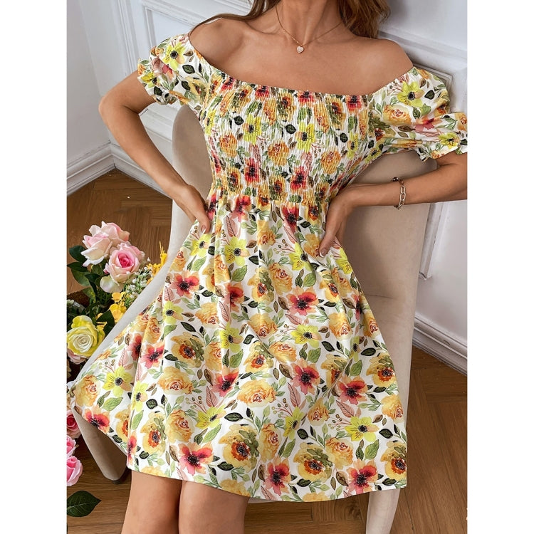 Square Neck Puff Sleeve Printed Short Sleeve Dress for Ladies