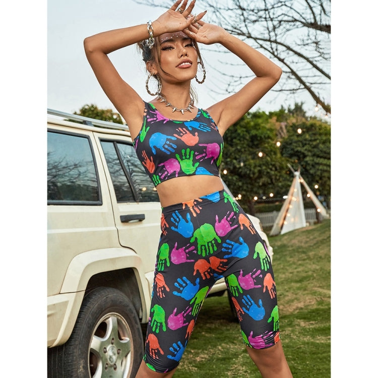 Tight Colorful Palm Print Vest + Shorts Suit For Women