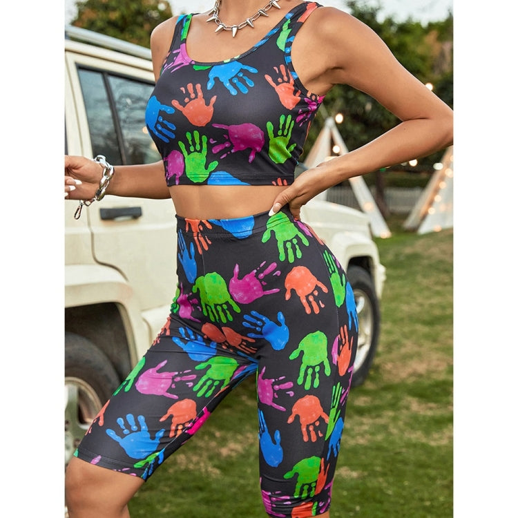 Tight Colorful Palm Print Vest + Shorts Suit For Women