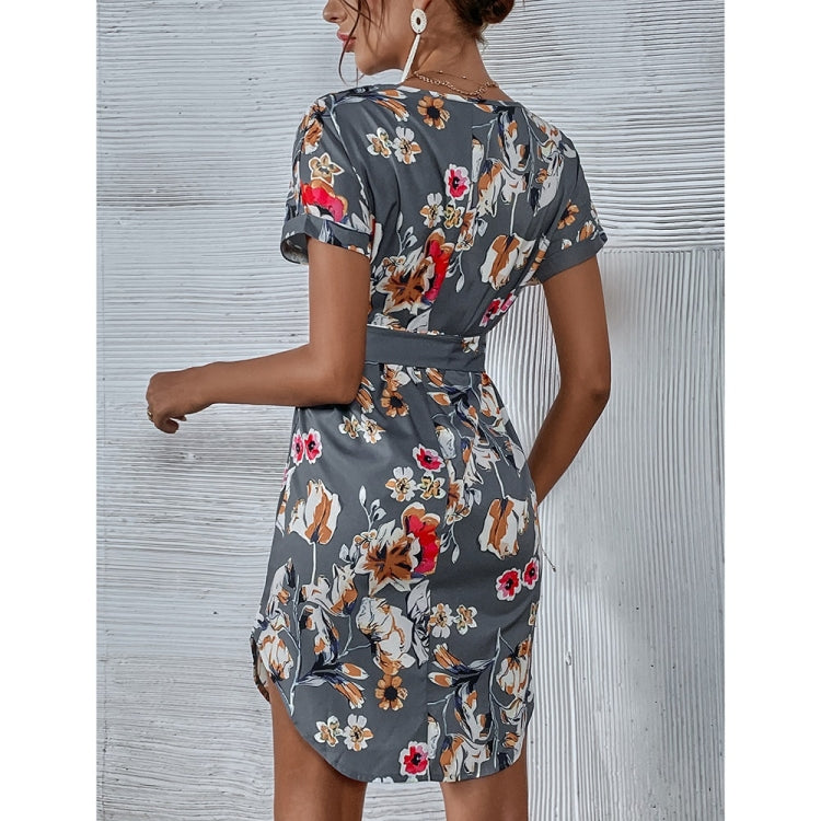 Floral Print V-Neck Shirt Dress for Ladies