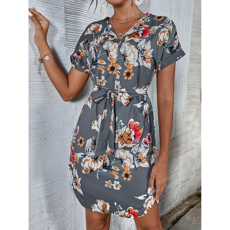 Floral Print V-Neck Shirt Dress for Ladies