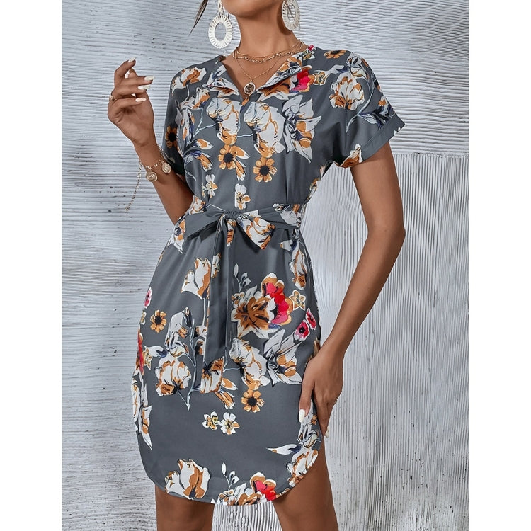 Floral Print V-Neck Shirt Dress for Ladies