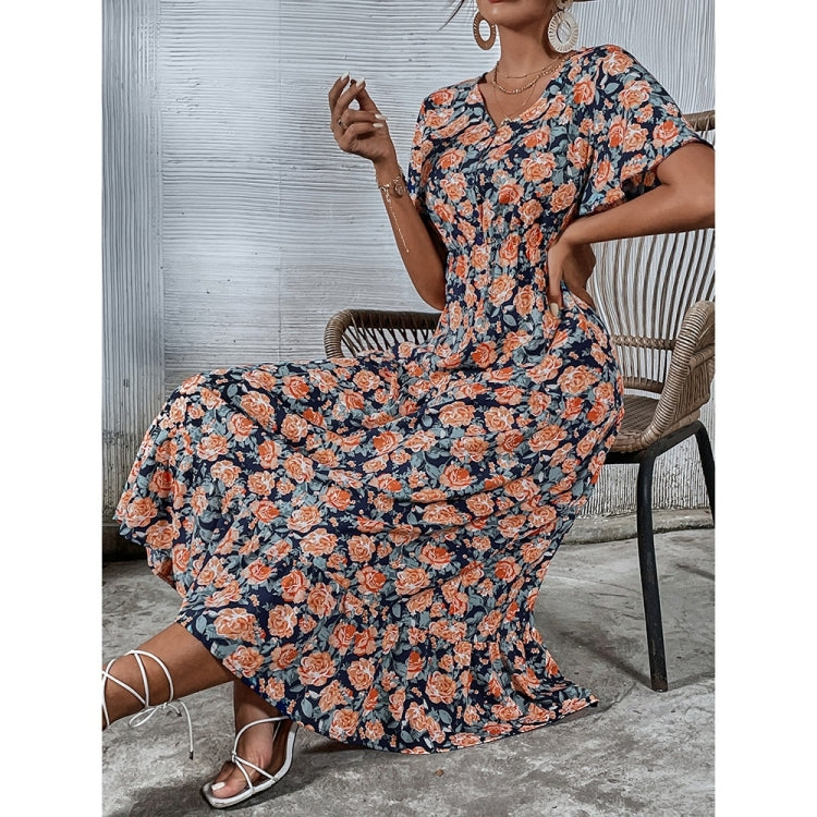 V-Neck Short Sleeve Floral Dress for Women