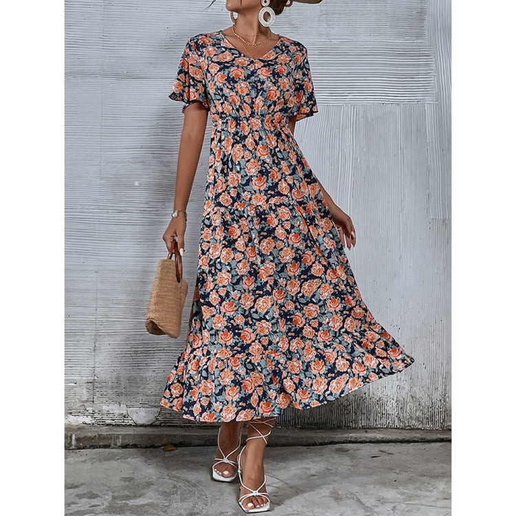 V-Neck Short Sleeve Floral Dress for Women