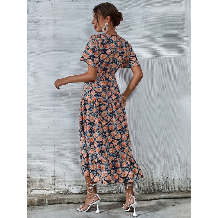 V-Neck Short Sleeve Floral Dress for Women