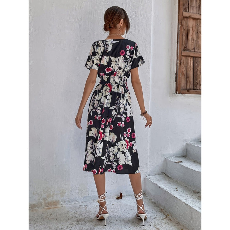 Flower Print V-Neck Short Sleeve Dress for Women