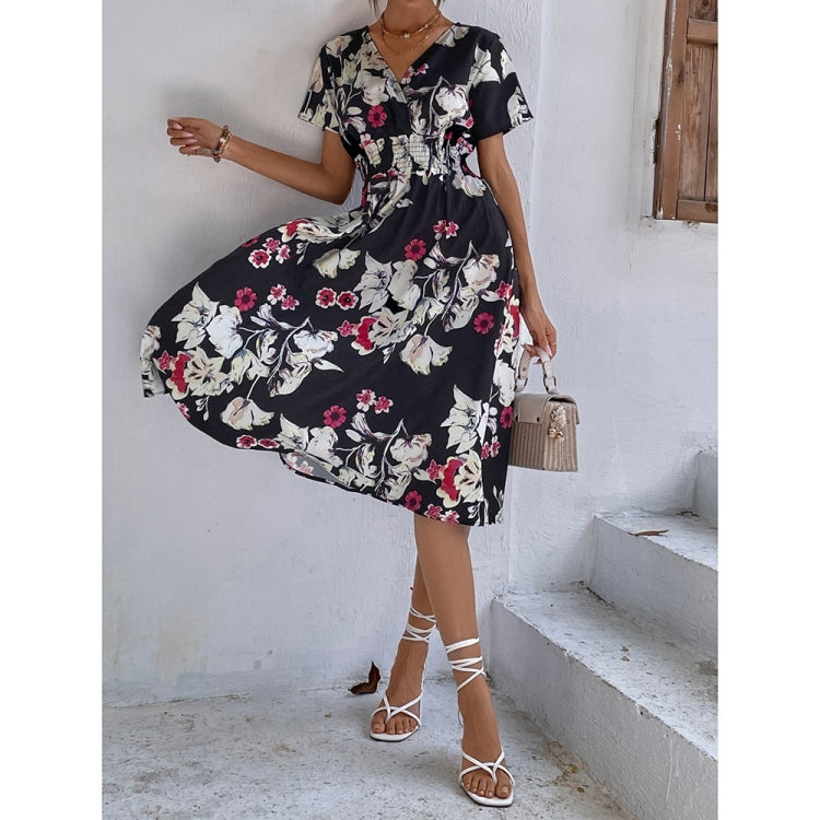Flower Print V-Neck Short Sleeve Dress for Women