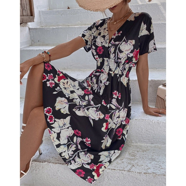 Flower Print V-Neck Short Sleeve Dress for Women