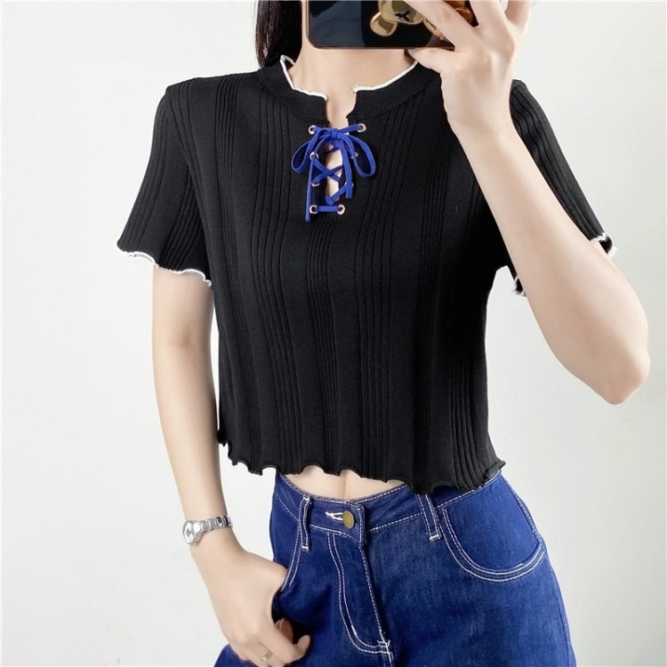 Knitted V Neck Short Sleeve T-shirt Women Short Top