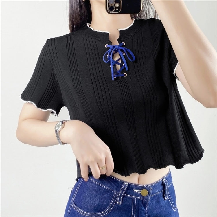 Knitted V Neck Short Sleeve T-shirt Women Short Top