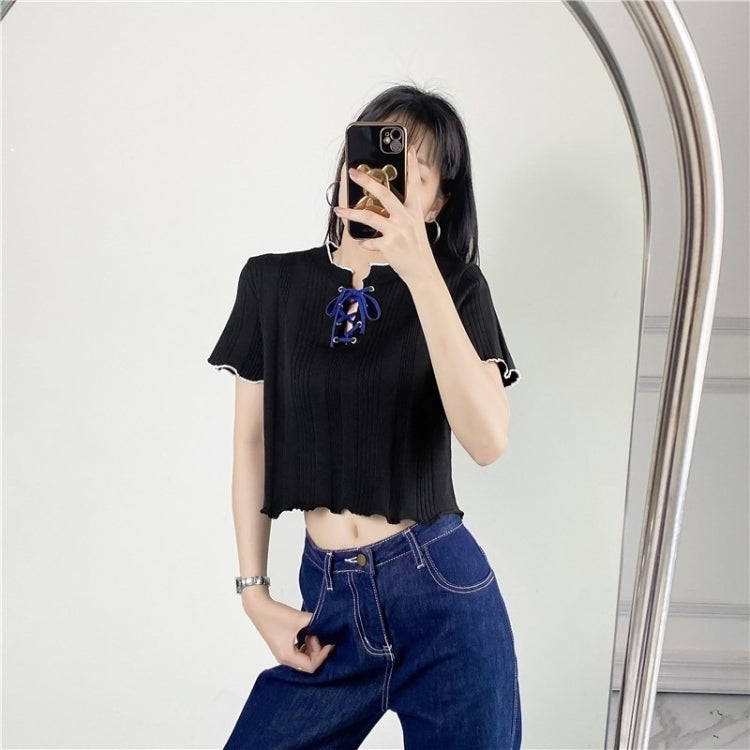 Knitted V Neck Short Sleeve T-shirt Women Short Top