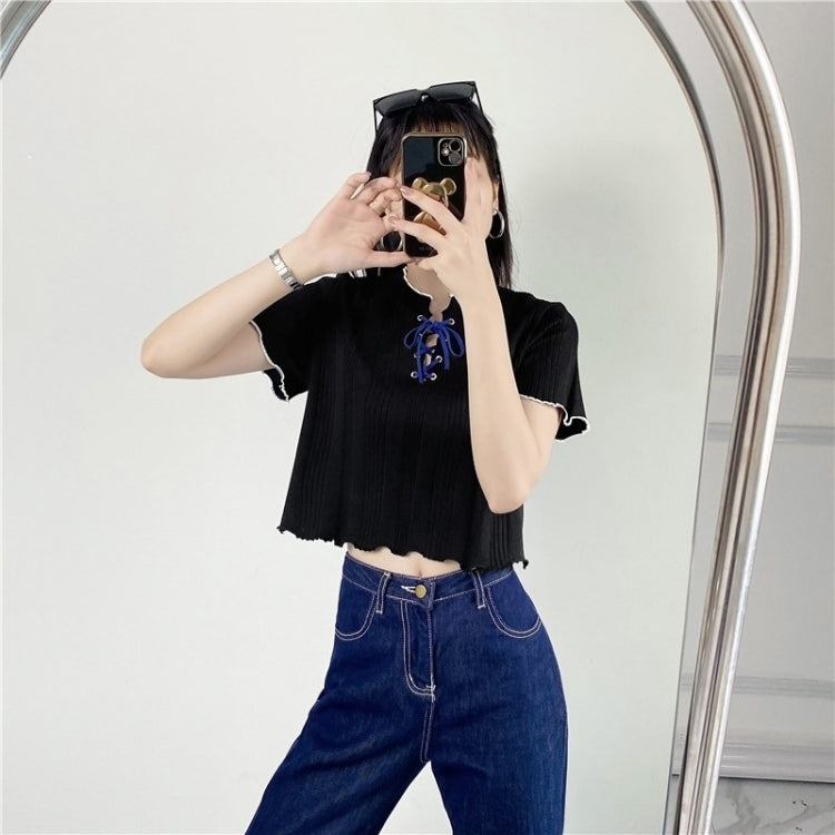 Knitted V Neck Short Sleeve T-shirt Women Short Top