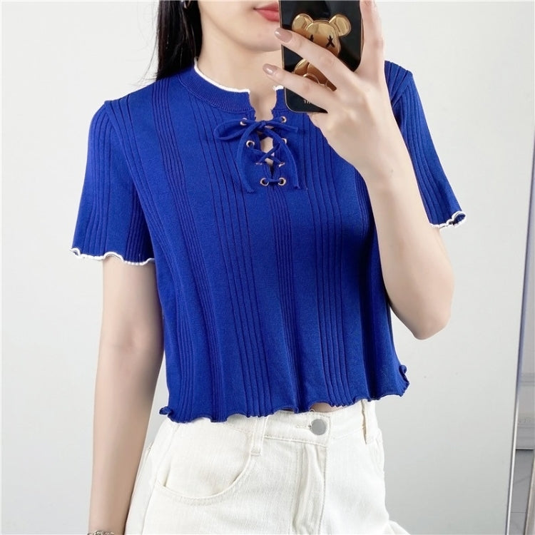 Knitted V Neck Short Sleeve T-shirt Women Short Top