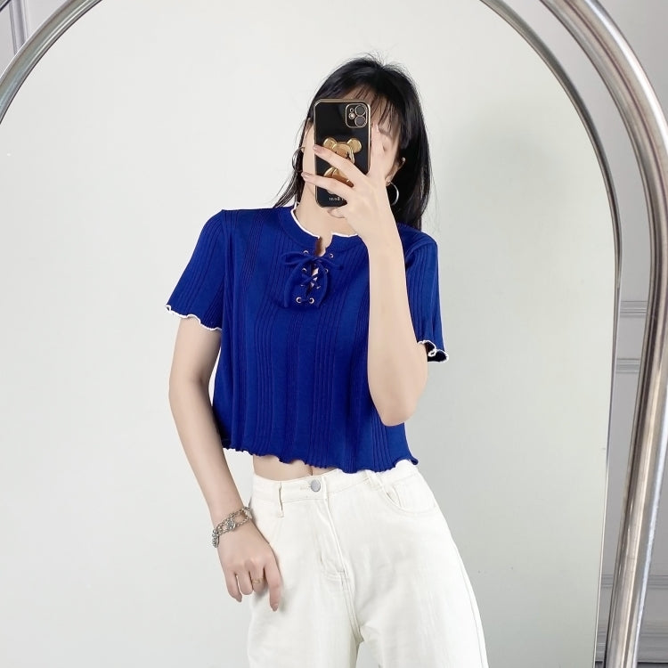 Knitted V Neck Short Sleeve T-shirt Women Short Top