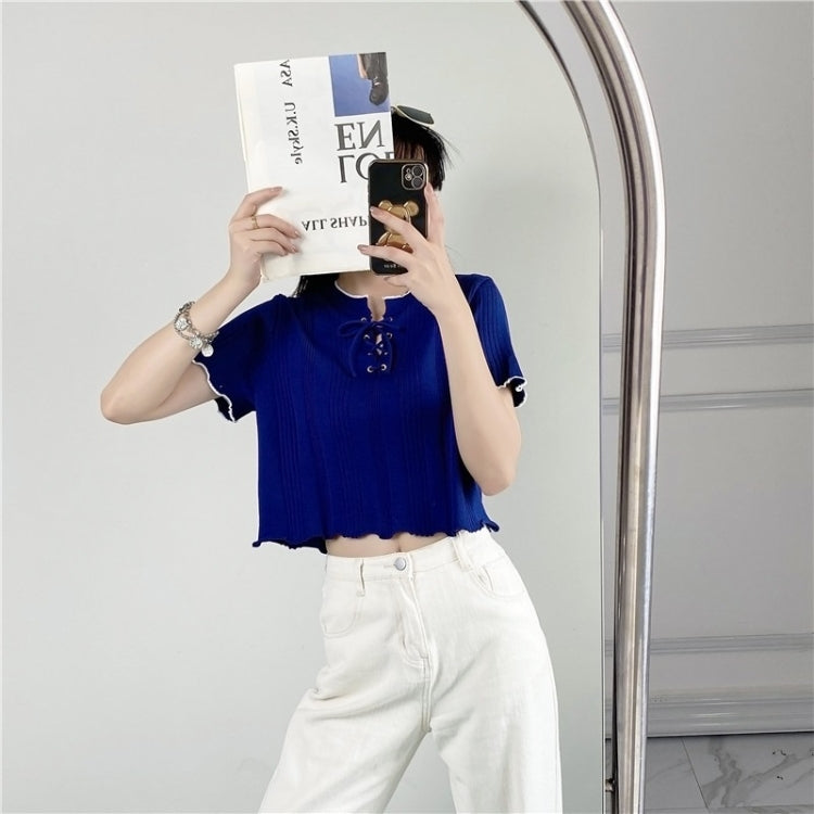 Knitted V Neck Short Sleeve T-shirt Women Short Top